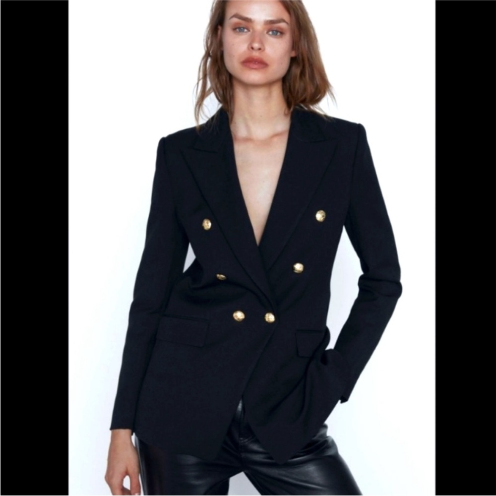 Zara Double Breasted Black Blazer with Gold Buttons- Size S